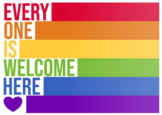 A rainbow colored banner with the words " every home, welcome home ".