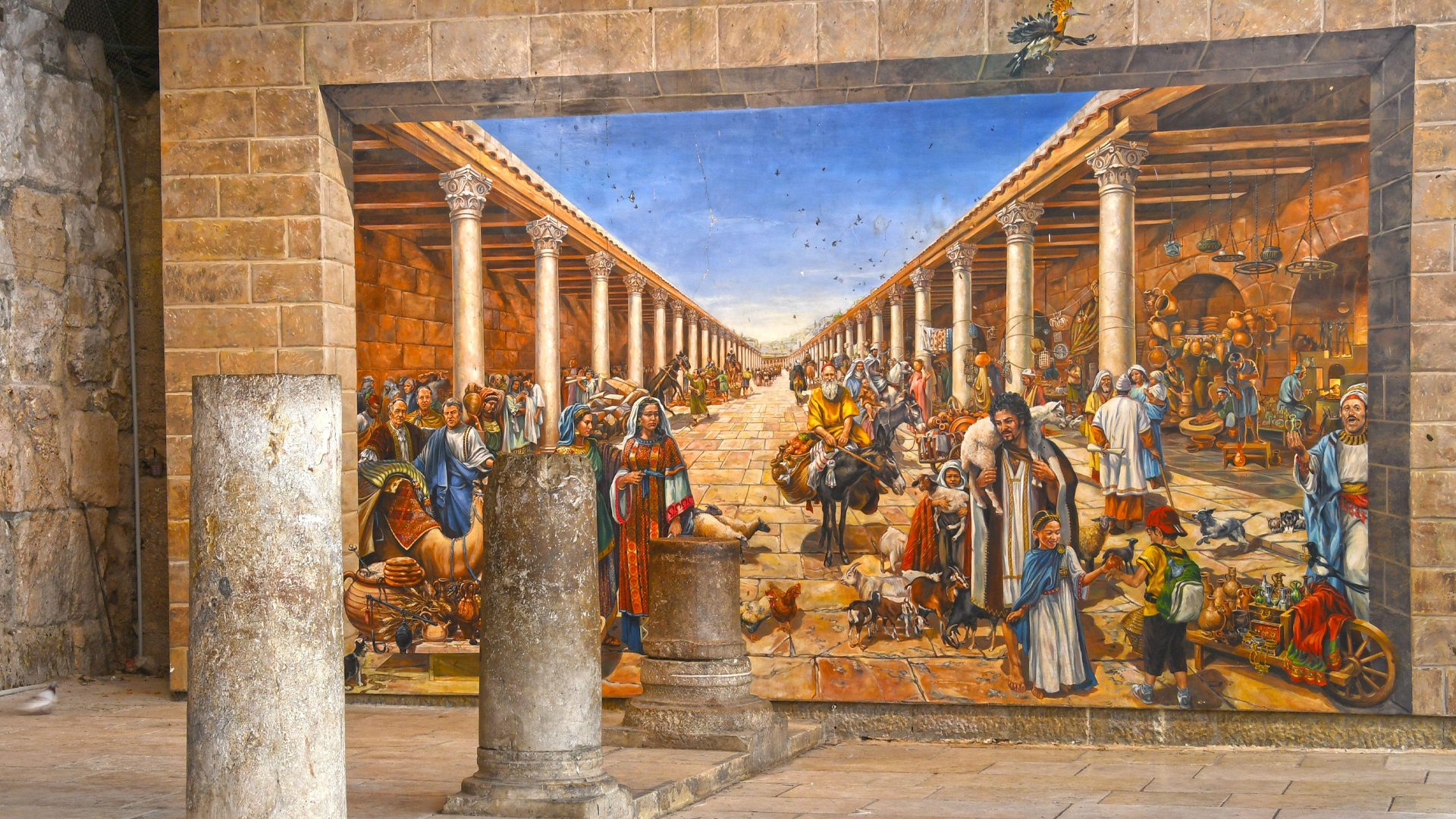 A wall mural depicting how Cardo Street, Jerusalem, might have looked in the Byzantine period.